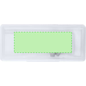 A clear storage box with a green lid contains two small items inside. The box features a logo.