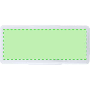 A white storage container with a light green lid, featuring a logo on the side.