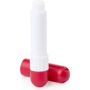 A red and white lip balm set with two cylindrical tubes, one capped and one with a twist-up applicator.