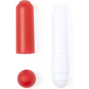 A red lip balm container paired with a white applicator and a small red ball. The set is sleek and compact.