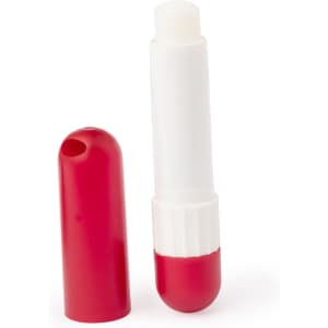A red and white lip balm tube with a removable cap, featuring a logo on the side.