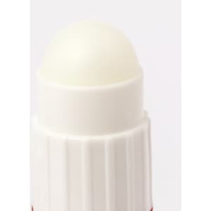 A clear lip balm stick with a white dome top, featuring a textured white tube and a logo.