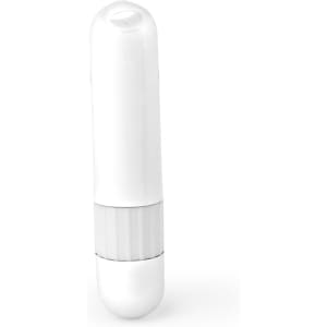 A white lip balm container with a clear upper section and a solid base. The product has a branding logo.