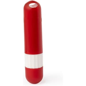 A red and white lip balm container with a rounded top and a textured grip area. It includes a logo.