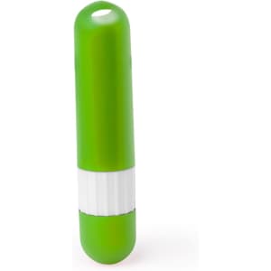 A green lip balm container with a white band around the middle and a rounded top, featuring a logo.