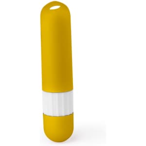 A lip balm tube in bright yellow with a white base, featuring a logo on the surface.