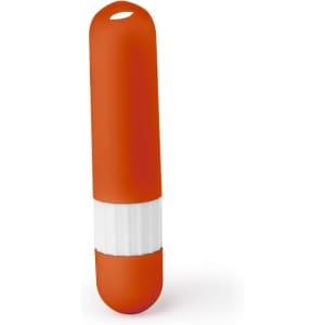 An orange lip balm tube with a white section, featuring a logo on the front.