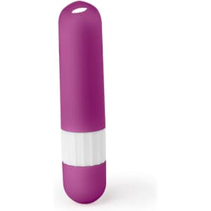 A pink lip balm container with a white base, featuring a logo on it.