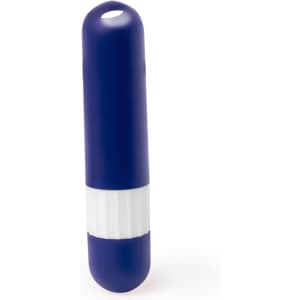 A purple lip balm container with a white band in the middle and a rounded top. It features a logo.