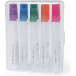A clear case containing five spray bottles in pink, green, blue, and purple, labelled for sun care and hydration.