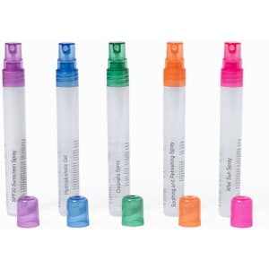 A set of five spray bottles in clear plastic with coloured caps, containing various sunscreens and gels.