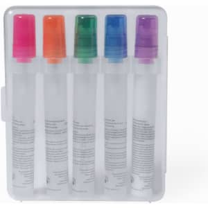 A set of five transparent spray bottles with coloured caps in pink, green, blue, and purple, housed in a clear case.