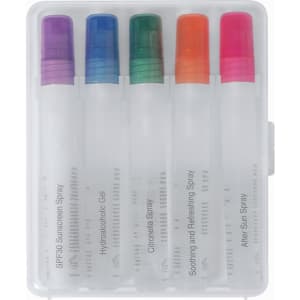 A set of five transparent spray bottles with colourful caps, containing various sunscreens and after-sun products.