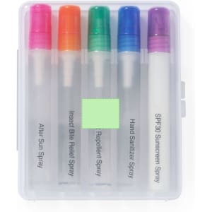 A set of five clear spray bottles in pink, blue, and green caps, including after sun, insect bite relief, and sunscreen.