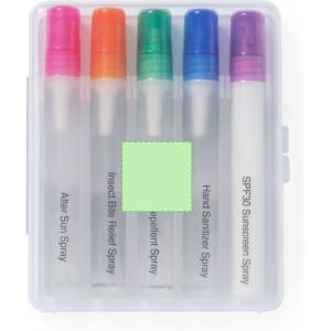 A set of five spray bottles in a clear case, featuring colourful caps: pink, orange, blue, and purple.