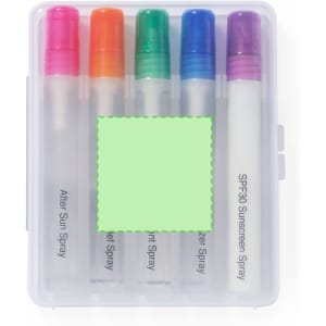 A set of five spray bottles in a clear case, featuring various sunscreens in colours including pink, orange, green, and purple.