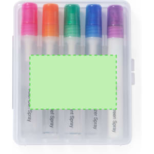 A set of four spray pens in orange, pink, purple, and blue, presented in a transparent case.