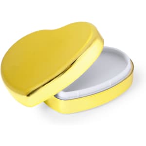 A heart-shaped yellow lip balm container with a white inside, featuring a smooth, shiny finish.
