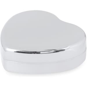 A heart-shaped container with a shiny silver finish. The lid sits smoothly on the base.