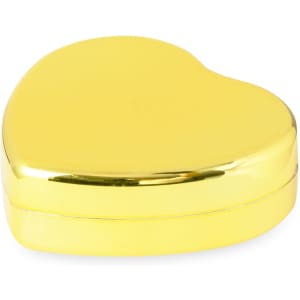A heart-shaped container in a shiny gold finish, reflecting light elegantly. It has a smooth, polished surface.