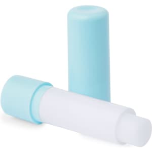 Two lip balms are displayed, one in a light blue container and the other in a white container.