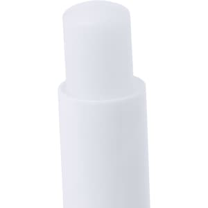 A white lip balm container with a smooth top, featuring a branding logo.