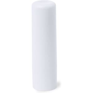 A white lip balm container with a cylindrical shape. The product features a branding logo.