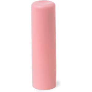 A pink vegan lip balm in a cylindrical container, featuring a simple design and a logo.