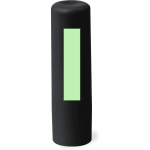 A black cylindrical lip balm with a pale green centre, featuring a branding logo.