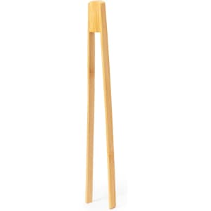 Bamboo kitchen tongs with a simple, elongated design in natural wood colour. Features a branding logo.