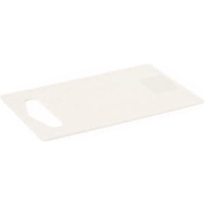 A white cutting board with a handle, designed for food preparation. It features a smooth surface and has a logo.