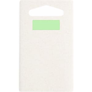 A light-coloured chopping board with a handle and a logo area. Ideal for kitchen use.