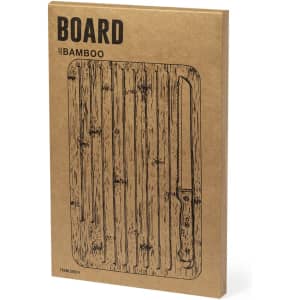 A bamboo cutting board packaged in eco-friendly cardboard, featuring a detailed illustration of the board.