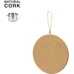 A round cork pot holder in a natural colour, featuring a loop for hanging. Includes a logo.
