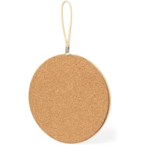 A round cork drink coaster with a beige rope handle, featuring a simple design and a textured surface.