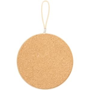 A round cork drink bottle holder with a beige zipper and a hanging loop. Features a simple design.