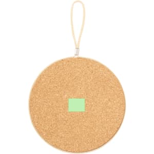 A circular, gold-coloured Melorix Holder with a mint green square and a zip closure. It features a hanging loop.