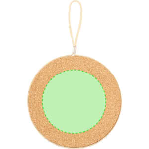 A circular cork holder with a green inner section and a hanging strap. It has a stitching detail around the edge.