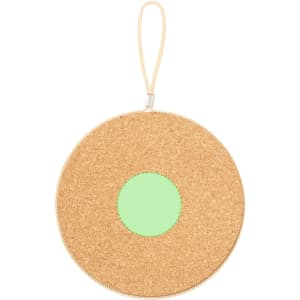 A circular cork holder with a green centre and a zip closure, featuring a hanging loop.
