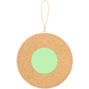 A round cork holder featuring a green circular centre and a zip closure, complete with a hanging loop.