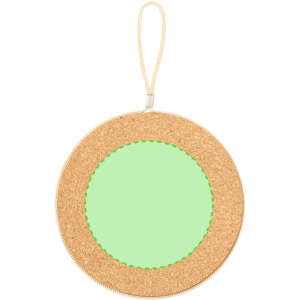A circular cork holder with a green centre and a zippered edge, featuring a loop for hanging.