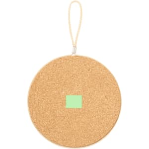 A round cork holder in natural tones with a mint green square detail and a zip closure.