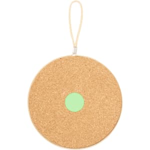 A round, cork drink bottle holder with a mint green circular accent and a zip closure. Features a loop for easy carrying.