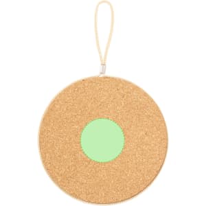 A round cork coaster with a green centre and a beige strap for easy handling. Features a branding logo.