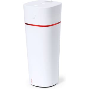A white humidifier featuring a sleek cylindrical design with a red accent and a logo.