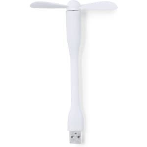 A white USB mini fan with a flexible arm and a propeller design, featuring a branding logo.