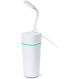 A white humidifier with a flexible arm and LED indicator, featuring a sleek and modern design.