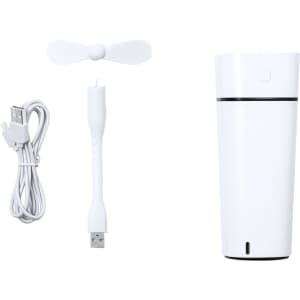 A white Aurion humidifier with a USB charging cable and a small fan accessory.
