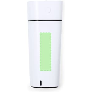 A white humidifier with a green accent and a logo, featuring a cylindrical shape and a black base.