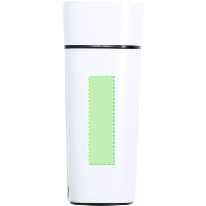 A white humidifier with a sleek design and a green accent panel. It features branding on the surface.